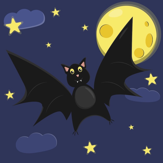 Летучая мышь хэллоуин праздничная ночь и луна векторная иллюстрация мультфильм иллюстрация милый персонаж