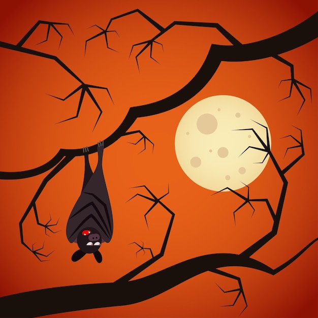 A bat hanging head down looking on the full moon in the night sky