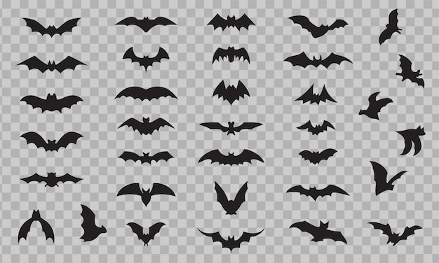 Vector bat icon set isolated on transparent background. black bats silhouettes