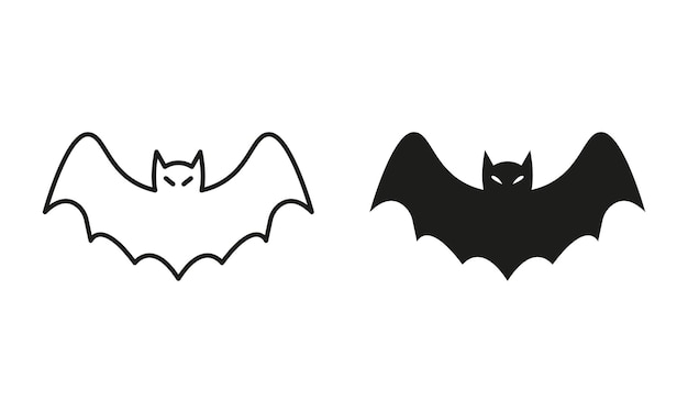 Vector bat line and silhouette black icon set cute halloween spooky fly vampire with wings