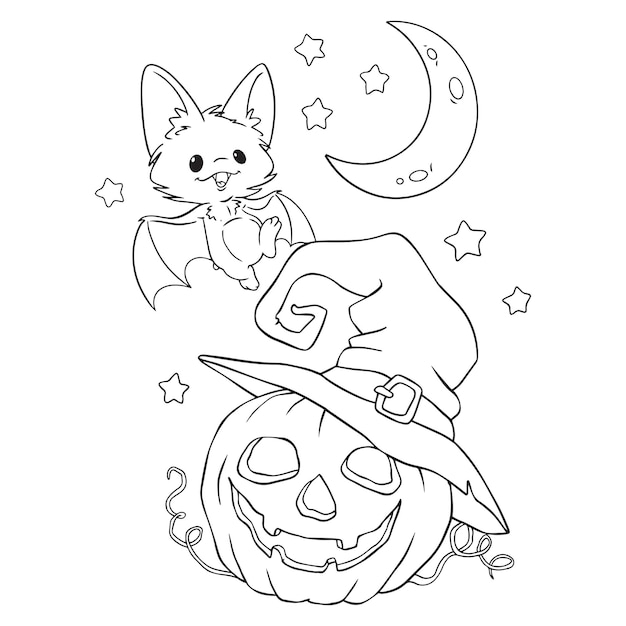 Bat and pumpkin halloween coloring page