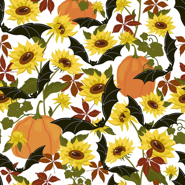 Bat, pumpkins, autumn leaves and yellow sunflowers on a white background. Halloween design seamless