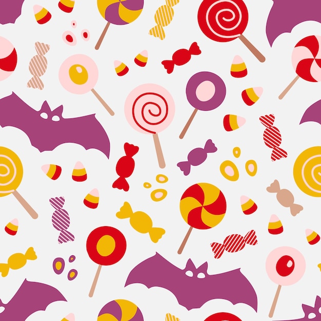 Vector bat sweets and candy bright seamless halloween pattern with holiday objects doodle