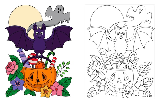 Bat taking trick or treat pumpkin bag that has candy with Boo ghost flowers decorations coloring art