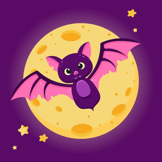 Bat vector illustration moon in purple pink and yellow color graphic design halloween poster