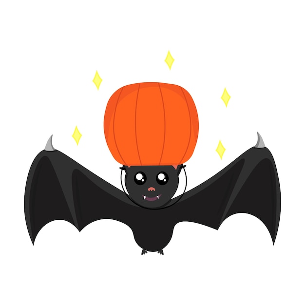 Bat with a bucket in the form of a pumpkin on its head