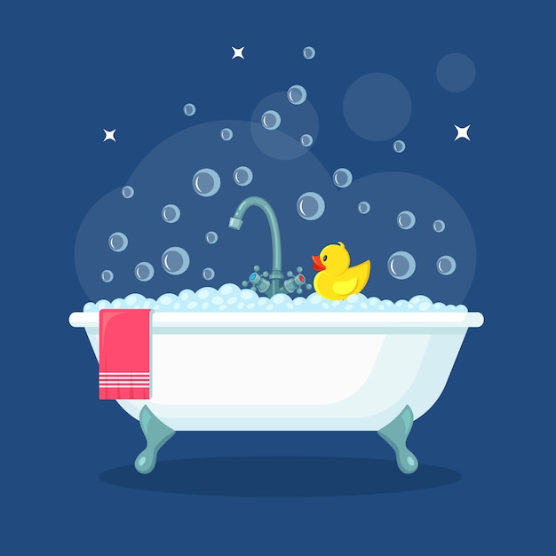 Vector bath full of foam with bubbles. bathroom interior. shower taps, soap, bathtub, rubber duck, towel