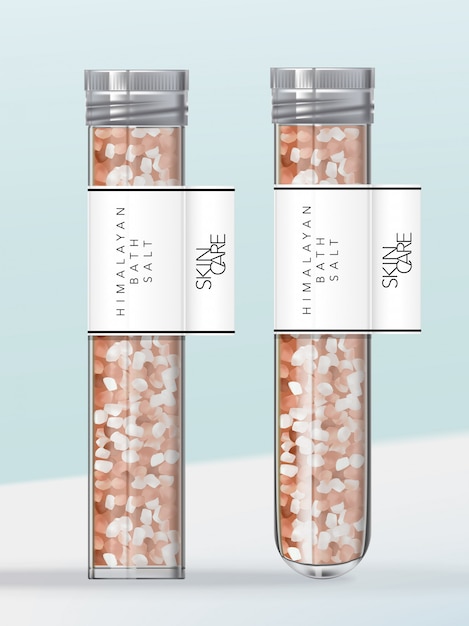  Bath or Seasoning Pink Himalayan Salt in Flat or Round Base Test Tube Packaging. Transparent Glass or Plastic with Metallic Silver Screw Cap.