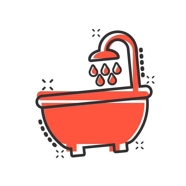 Bath shower icon in comic style Bathroom hygiene vector cartoon illustration pictogram Bath spa business concept splash effect