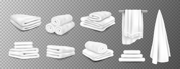 Vector bath towels realistic white hospital and hotel white bathroom hanging terry cloth 3d fluffy fabric rolled and folded vector stack of textile toiletries set on transparent background