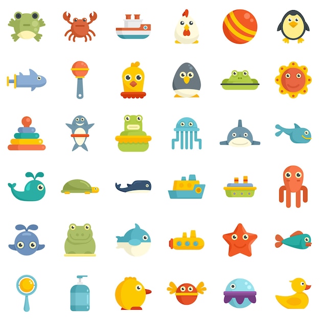 Bath toys icons set. Flat set of bath toys vector icons isolated on white background