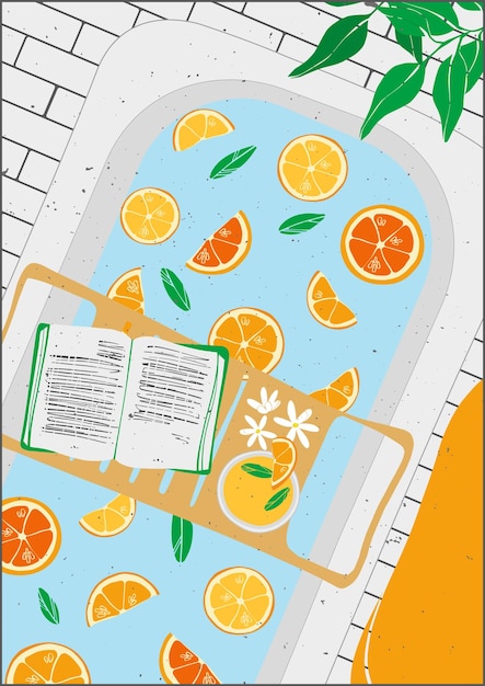 Vector bath with oranges and citruses read a book in the bathroom scandinavian interior decorated bath