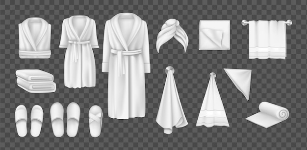 Bathhouse bathroom clothes and accessories realistic white cotton male and female bathrobe