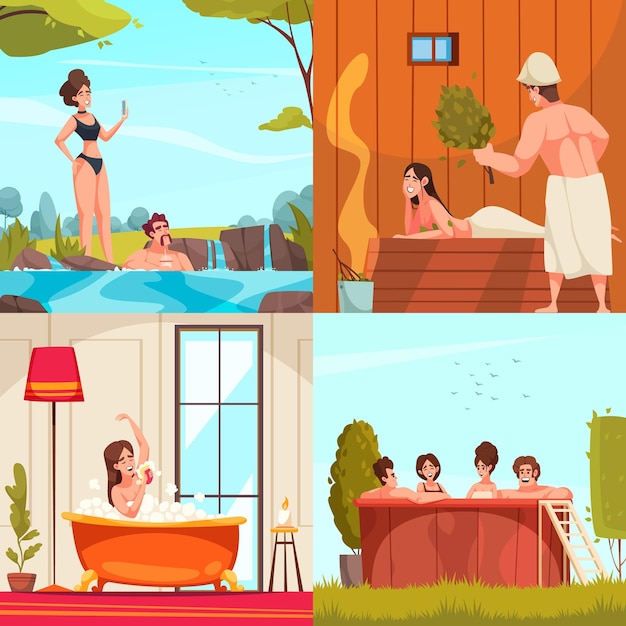 Concetto di design di balneazione 2x2 con persone che si rilassano nella sauna delle acque termali e nell'illustrazione di vettore del fumetto del bagno di casa