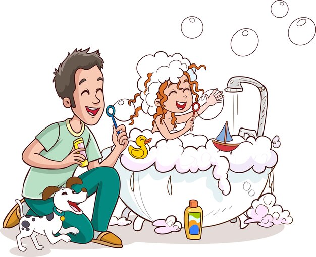 bathing kids and family vector illustration