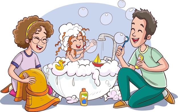 bathing kids and family vector illustration