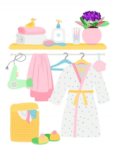 Bathroom accessories, hygiene items, bathrobe, laundry basket  illustration