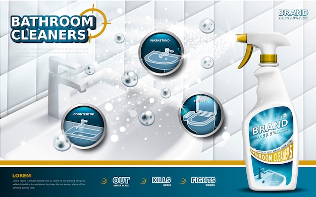 Bathroom cleaners ads, spray bottle with detergent liquid used for bathroom in 3d illustration, bubbles floating in the air