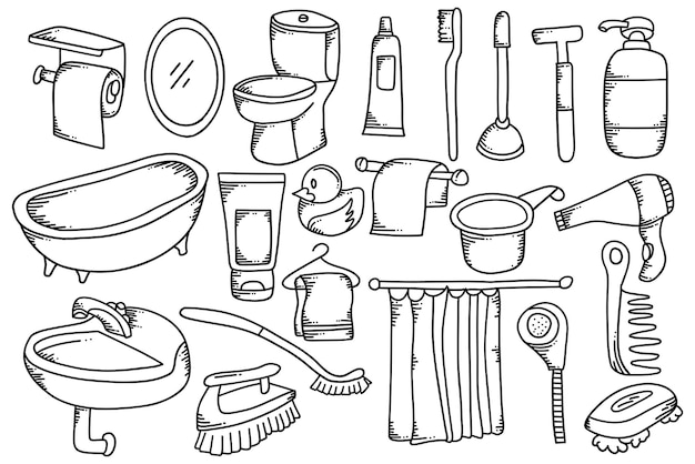 Набор элементов ванной комнаты, нарисованный вручную