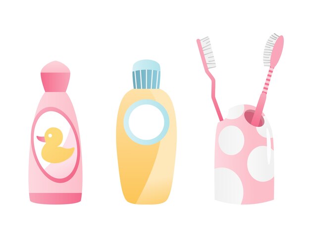 Bathroom equipment. Toothbrush and mouthwash bottle element for dental oral care. Flat design.