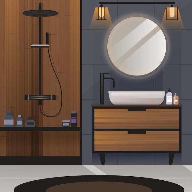 Vector bathroom flat interior render project idea design with wooden decoration