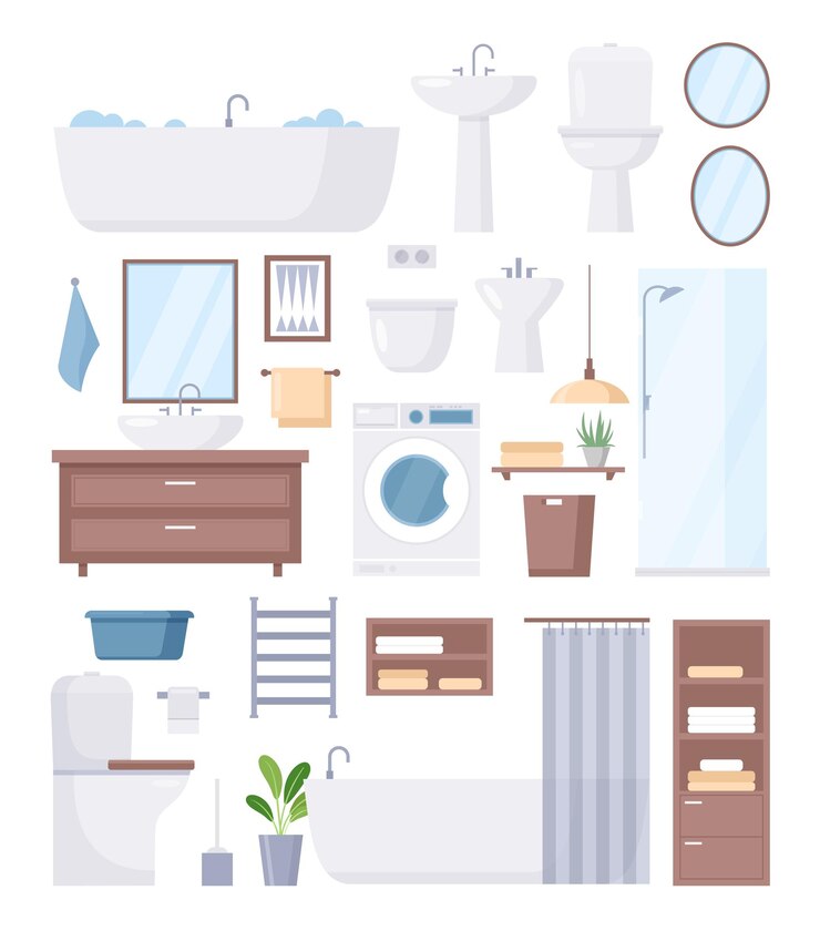 Vector bathroom furniture washroom restroom collection with bathtub shower