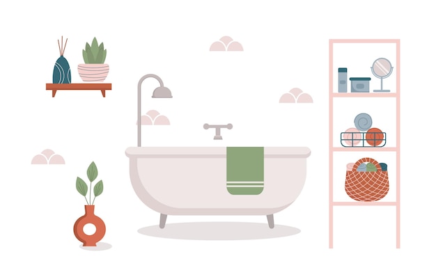 Bathroom interior Bath tub tile bath accessories plants shelf with cosmetics and mirror Comfy bathroom design Vector illustration