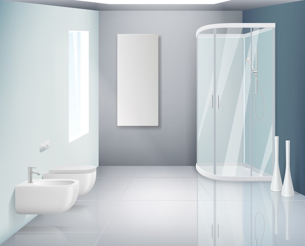 Vettore interno del bagno fondo realistico del bagno moderno degli oggetti della toilette o della toilette