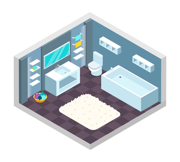 Bathroom isometric interior with bath, shower, washing machine, washbasin