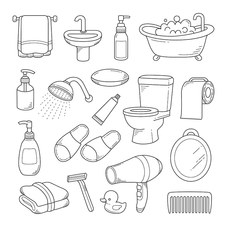 Vector bathroom stuff outline doodle hand drawn vector illustration