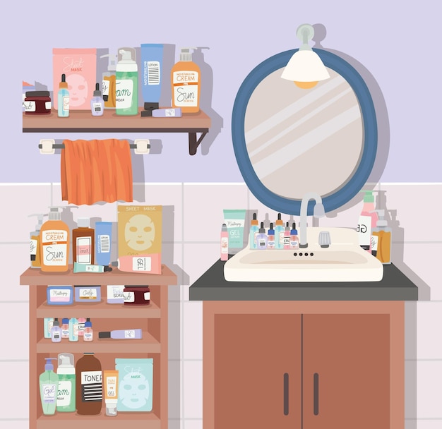 Vector bathroom with bundle of skincare products illustration