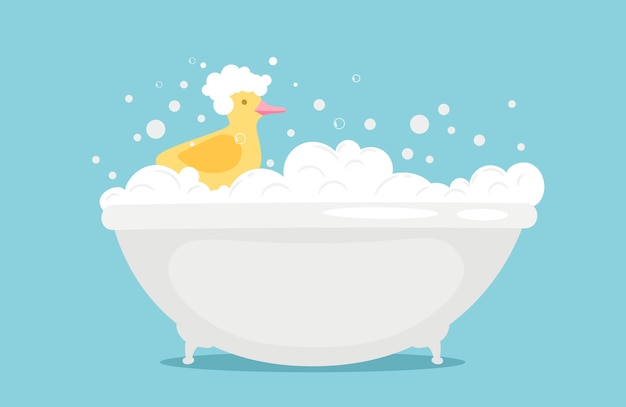 Vector bathtime  illustration with soap foam and yellow rubber duck
