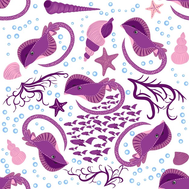 Batomorphi sea life fish animals bright seamless pattern sea travel snorkeling with animals tropical fish