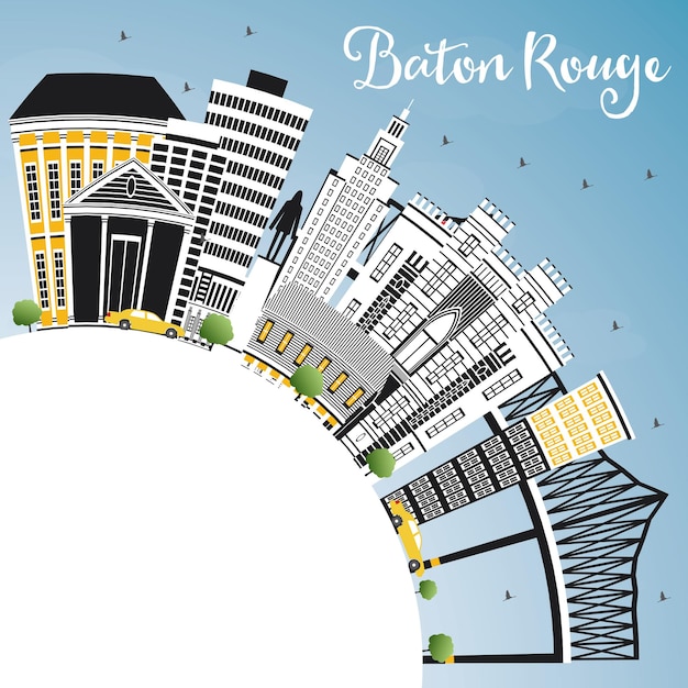 Baton Rouge Louisiana City Skyline with Color Buildings, Blue Sky and Copy Space. Vector Illustration. Travel and Tourism Concept with Modern Architecture. Baton Rouge USA Cityscape with Landmarks.