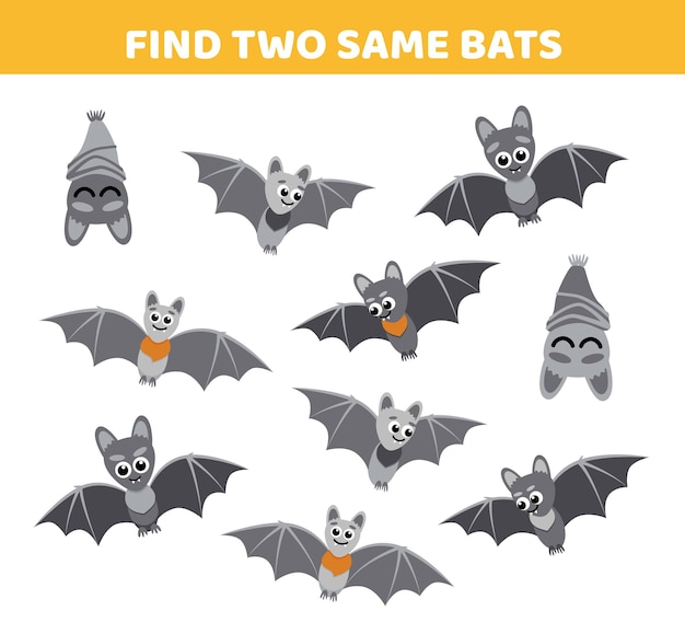 Bats. Find two same pictures of bats. Game for children. Flat, cartoon, vector