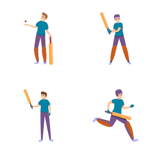 Vector batsman icons set cartoon vector cricket player with bat and bowler