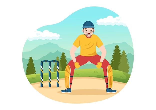 벡터 batsman playing cricket sport illustration with bat and balls in the field 만화 손으로 그린