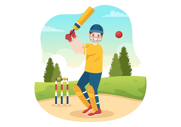 Vettore battitore che gioca a cricket sport illustrazione con mazza e palle nel campo in cartone animato disegnato a mano