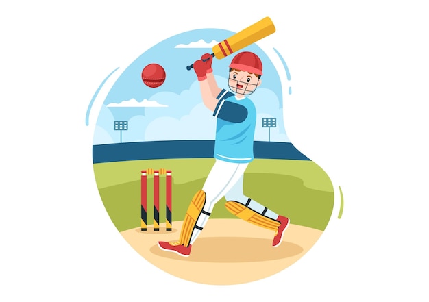 Vector batsman playing cricket sports with ball and stick in flat cartoon field background illustration