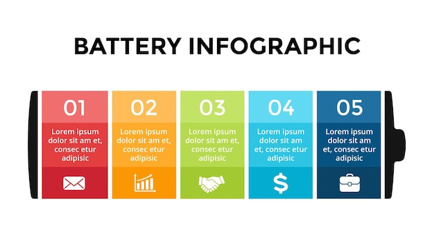 Batterij-infographic energieconcept opladen dia-presentatiesjabloon 5 opties