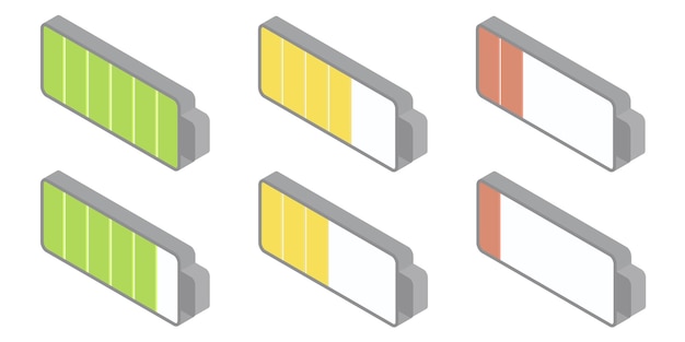 Batterijlading set pictogrammen isometrische rechterweergave