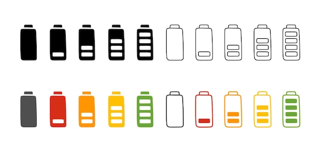 Batterijlading vectorillustratie Handgetekende set energieniveau laag en vol Indicator mobiele telefoon