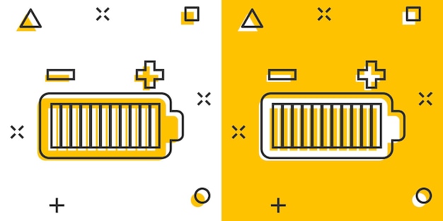 Batterijpictogram in komische stijl vermogensniveau cartoon vectorillustratie op witte geïsoleerde achtergrond lithiumaccu splash effect bedrijfsconcept