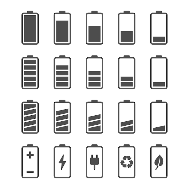 Batterijpictogramset met oplaadniveau-indicatoren