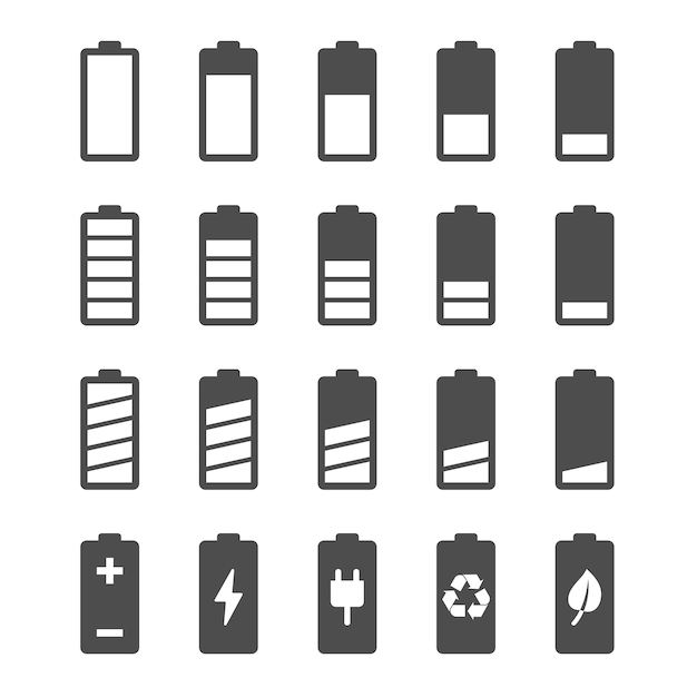 Batterijpictogramset met oplaadniveau-indicatoren