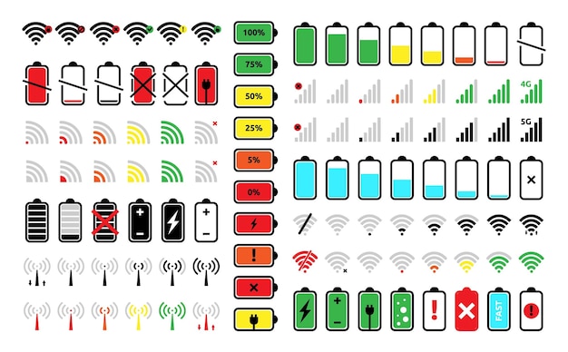 バッテリーと電話の信号サイン 充電状態 ui ネットワーク強度バー 充電器またはセル ラップトップ ダウンロード ライン スマートフォン エネルギー 電力インジケーター フラット イラスト ベクター セット