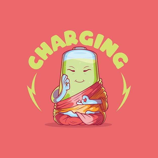 Battery character charging while meditating vector illustration. power, meditation design concept.