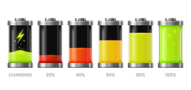 Battery charge icons, energy charger level, full power and low recharge signs for mobile phone.