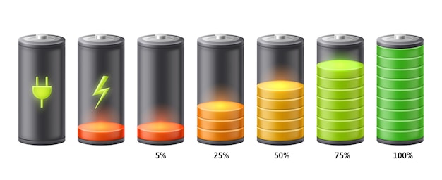 배터리 충전 표시기 애니메이션 충전식 배터리 충전 프로세스 단계는 충전기 아이콘과 축전지 용량 스케일 벡터 세트를 연결합니다.