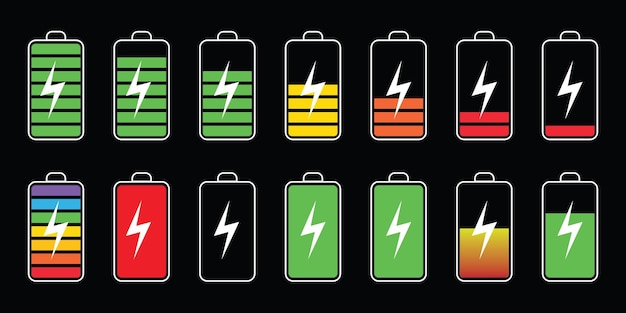 Battery charge indicator icon set. Vector illustration on black background.